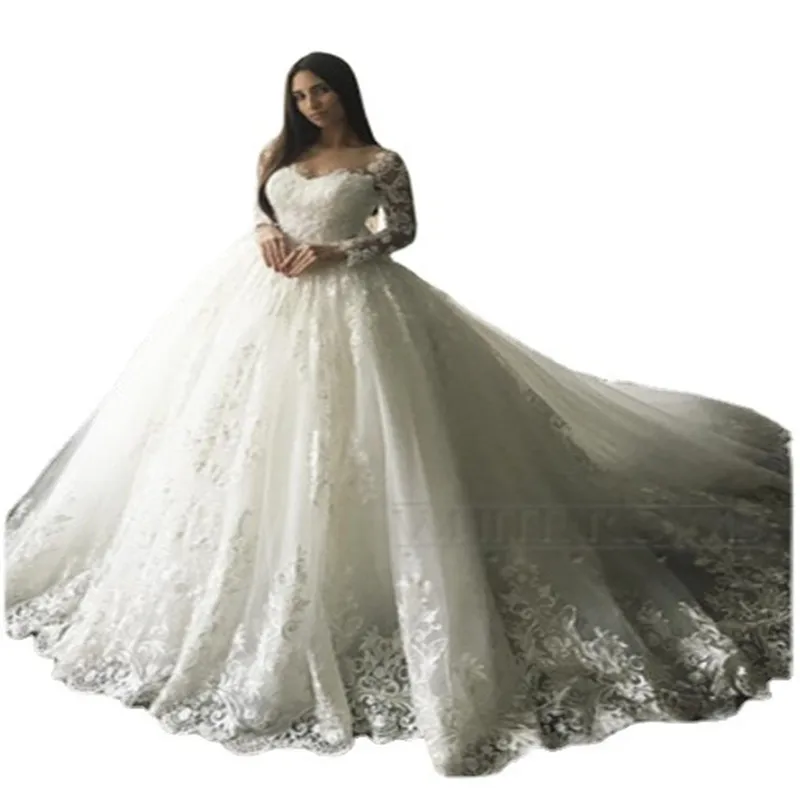 Modest Scoop Neckline Illsion Long Sleeves Ballgown Wedding Dresses Sweep Train Lace Appliques Robes de Mariage Buttons Back
Modest Scoop Neckline Illsion Long Sleeves Ballgown Wedding Dresses Sweep Train Lace Appliques Robes de Mariage Buttons Back