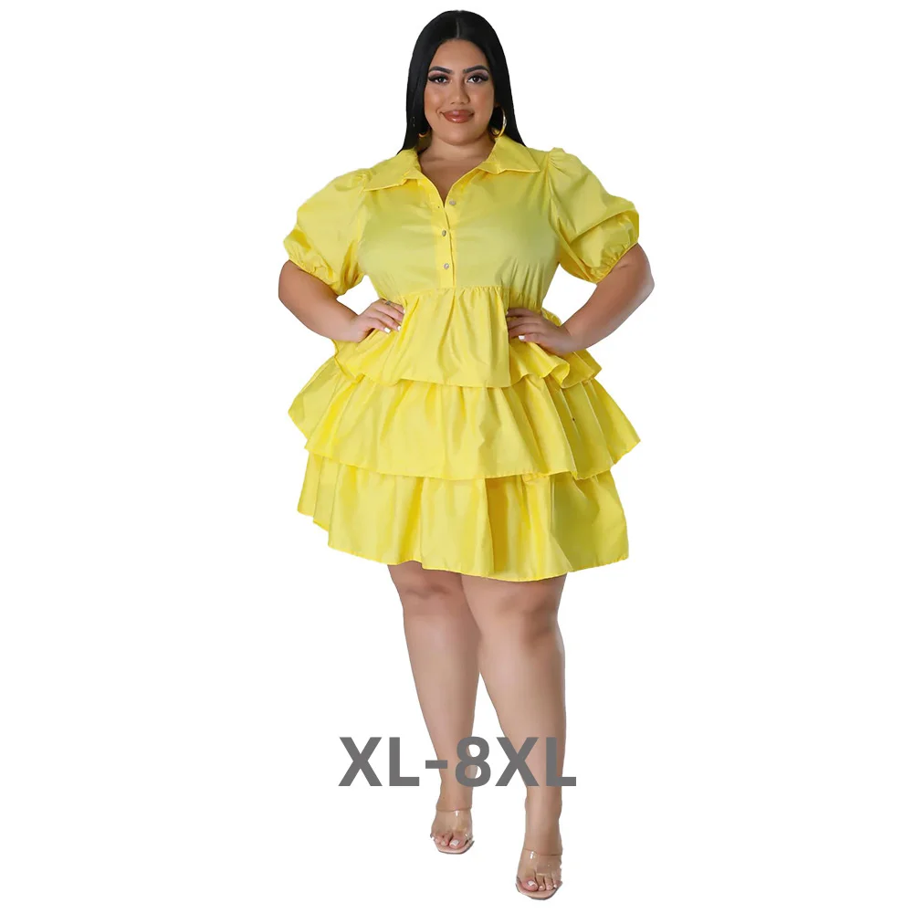 Plus Size Summer Women Casual Cake Dress Short Sleeves Turn Down Neck Ruffles Fashion Party Dress Loose Style 3xl 4xl 5xl 6xl 
Plus Size Summer Women Casual Cake Dress Short Sleeves Turn Down Neck Ruffles Fashion Party Dress Loose Style 3xl 4xl 5xl 6xl