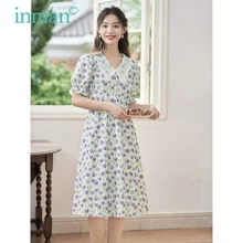 INMAN Women Dress 2023 Summer Short Sleeve Hollow Lace Lapel A-shaped Slim Fit Tulip Printing Elegant Romantic Mid-length Skirt