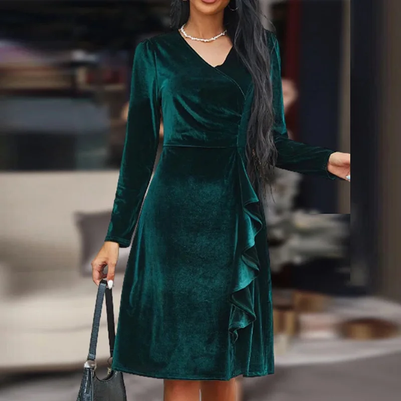 Elegant Women's Party Dress Spring V Neck Ruffle Long Sleeve Waist A-line Dress Office Autumn Fashion Solid Suede Long Dress
Elegant Women's Party Dress Spring V Neck Ruffle Long Sleeve Waist A-line Dress Office Autumn Fashion Solid Suede Long Dress