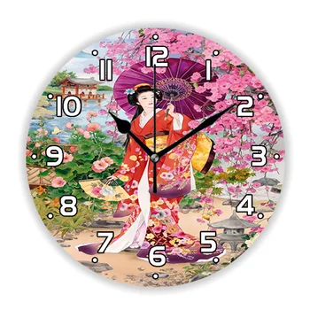 Traditional Japanese Geisha Girl Woman Art Painting Wall Clock Watch Living Room Oriental Japanese Woman Bedroom Wall Art Decor