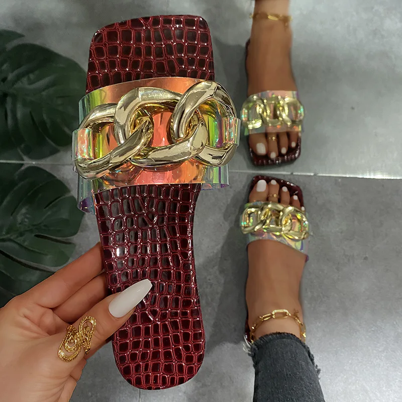 Luxury Home Women's Shoes Metal Chain Square Toe Flat Slippers Fashion Beach Flip-flops Large Size Ladies Shoe Bag Set Slides
Luxury Home Women's Shoes Metal Chain Square Toe Flat Slippers Fashion Beach Flip-flops Large Size Ladies Shoe Bag Set Slides