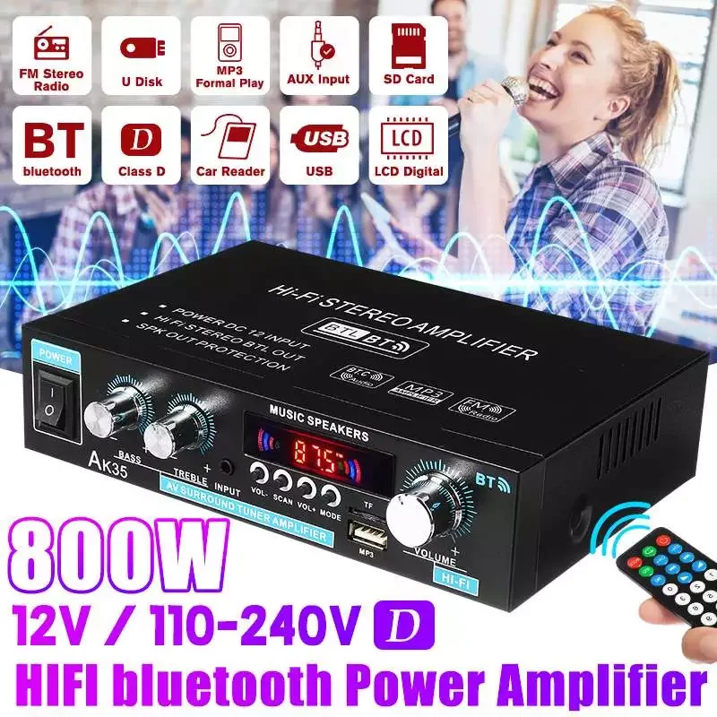 

AK35 380 800W Home Digital Amplifiers Audio 110-240V Bass Audio Power bluetooth Amplifier Hifi FM Auto Music Subwoofer Speakers