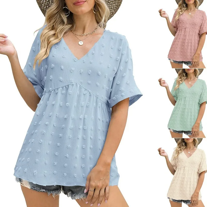 Женская шифоновая рубашка с V-образным вырезом и коротким рукавом 
Женская шифоновая рубашка с V-образным вырезом и коротким рукавом