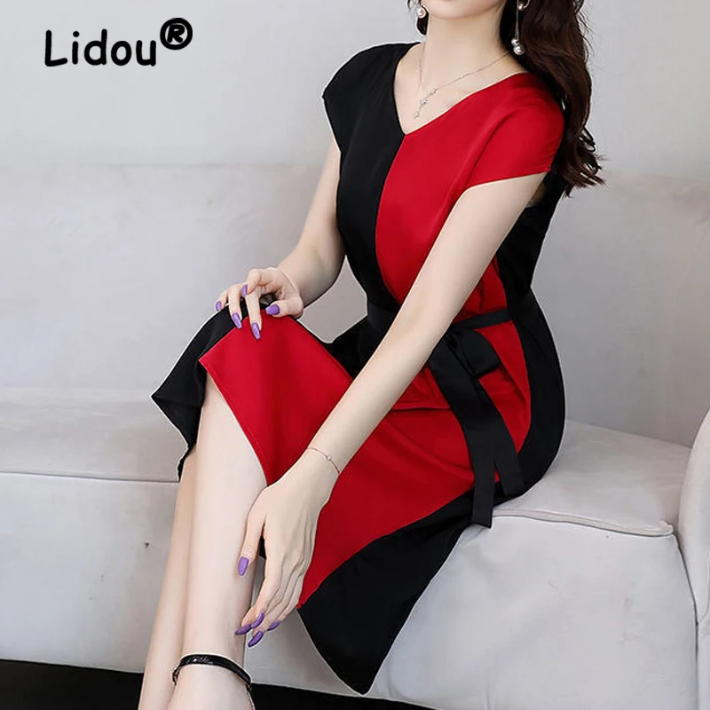 Summer Elegant Fashion V-neck Patchwork Short Sleeve Bow Belt Formal Dresses Office Lady Mid-length Dress Women's Clothing 2022
Summer Elegant Fashion V-neck Patchwork Short Sleeve Bow Belt Formal Dresses Office Lady Mid-length Dress Women's Clothing 2022
