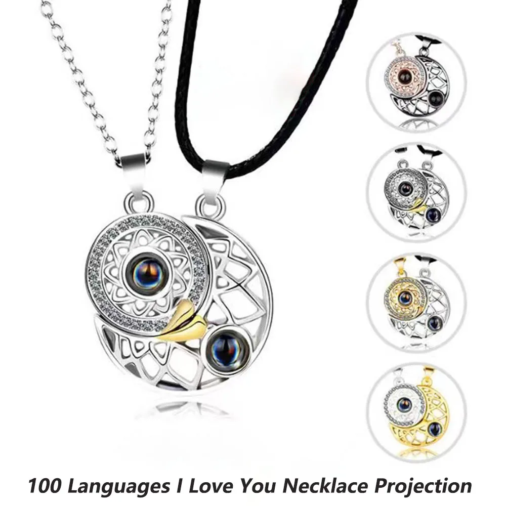 

100 Languages I Love You Necklace Projection Pendant Sun and Moon Lovers Spouse Confession Necklace Couple Valentine's Day Gift