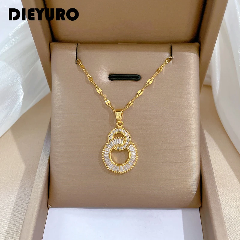 

DIEYURO 316L Stainless Steel Crossover Circles Pendant Necklace For Women Girl New Luxury Choker Charm Chain Jewelry Gift Party