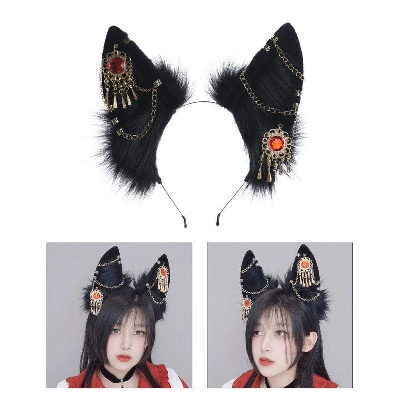 

L93F Ethnic Students Unisex Photoshoots Hairband with Dangle Earring Decors Wolf Ear Headbands Cartoon Halloween Hair Hoop