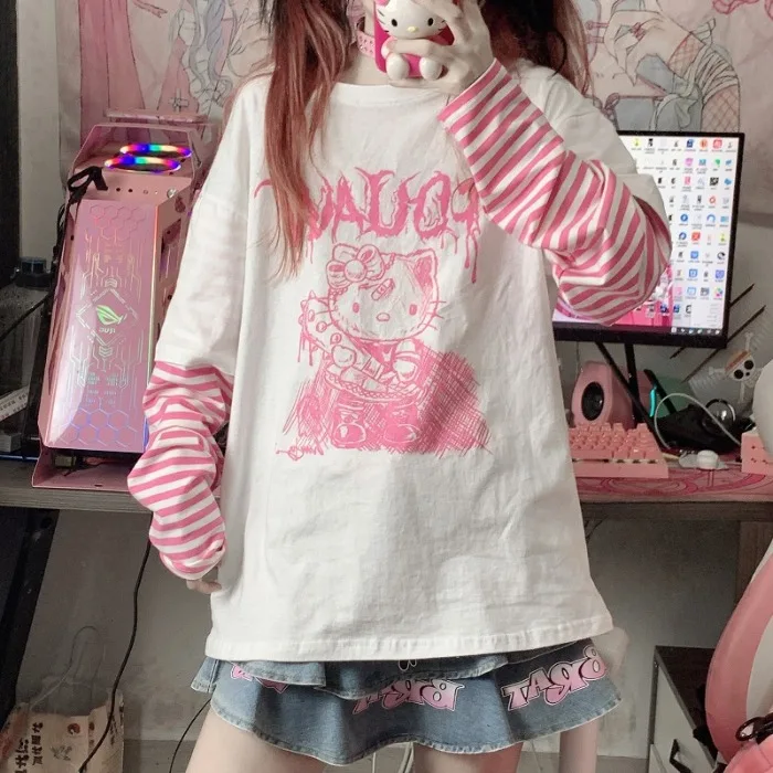 

Kawaii Sanrioed Anime Series Hello Kittys Cute Jk Stripe Long Sleeves T-Shirt Bottoming Top Baby Girl Girlfriend Festival Gift