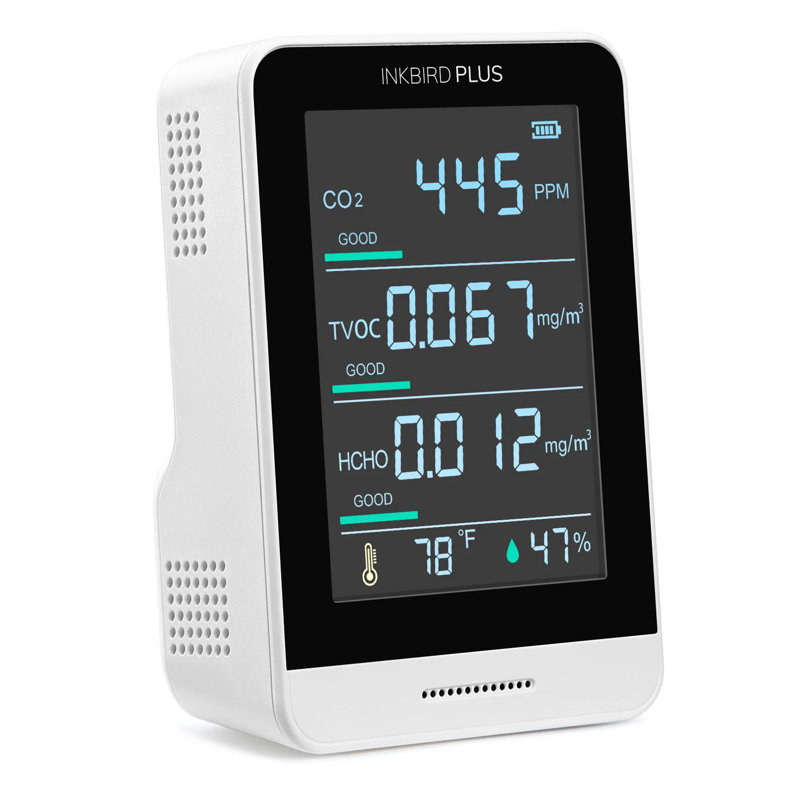 Air Quality Monitor Indoor CO2 sensor Tester for Formaldehyde (HCHO), TVOC, Temperature and Relative Humidity
Air Quality Monitor Indoor CO2 sensor Tester for Formaldehyde (HCHO), TVOC, Temperature and Relative Humidity