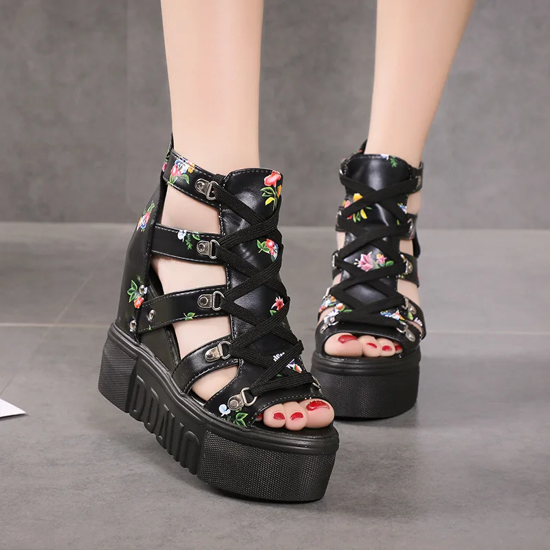 

2023 Summer New Female Roman Sandals Color Patchwork Cross Lace-up Women's High Heels 12cm Wedge Heels Ladies Fish Mouth Shoes