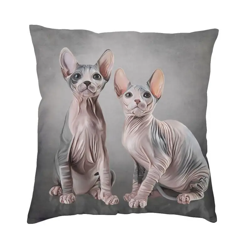 

Drawing Two Cats Sphynx Cushion Cover 45x45 Decoration Print Hairless Cat Throw Pillow for Living Room Double Side