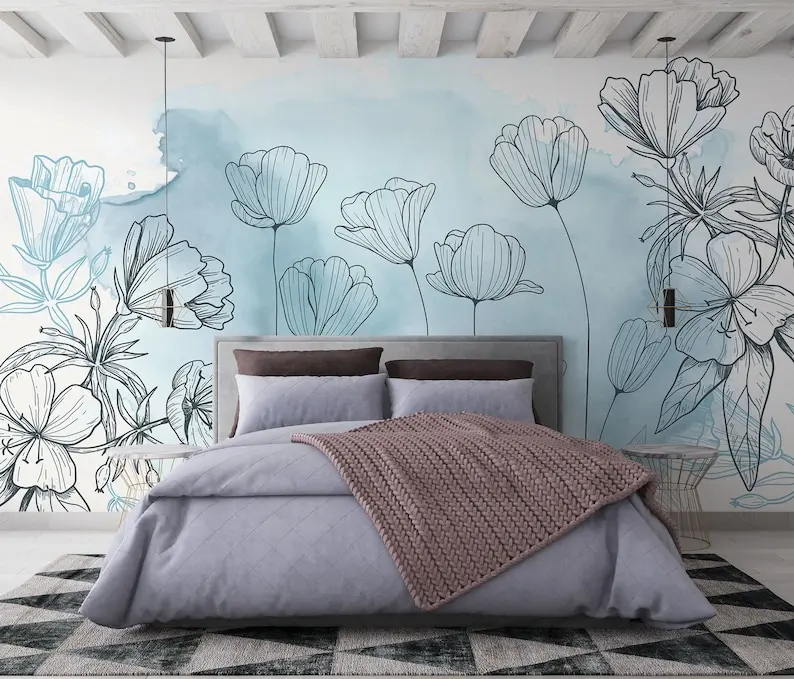 Modern Flowers Wall Decor, Floral Peel And Stick Mural, Self Adhesive Wall Mural, Blue Watercolor Background Removable Floral Wa
Modern Flowers Wall Decor, Floral Peel And Stick Mural, Self Adhesive Wall Mural, Blue Watercolor Background Removable Floral Wa