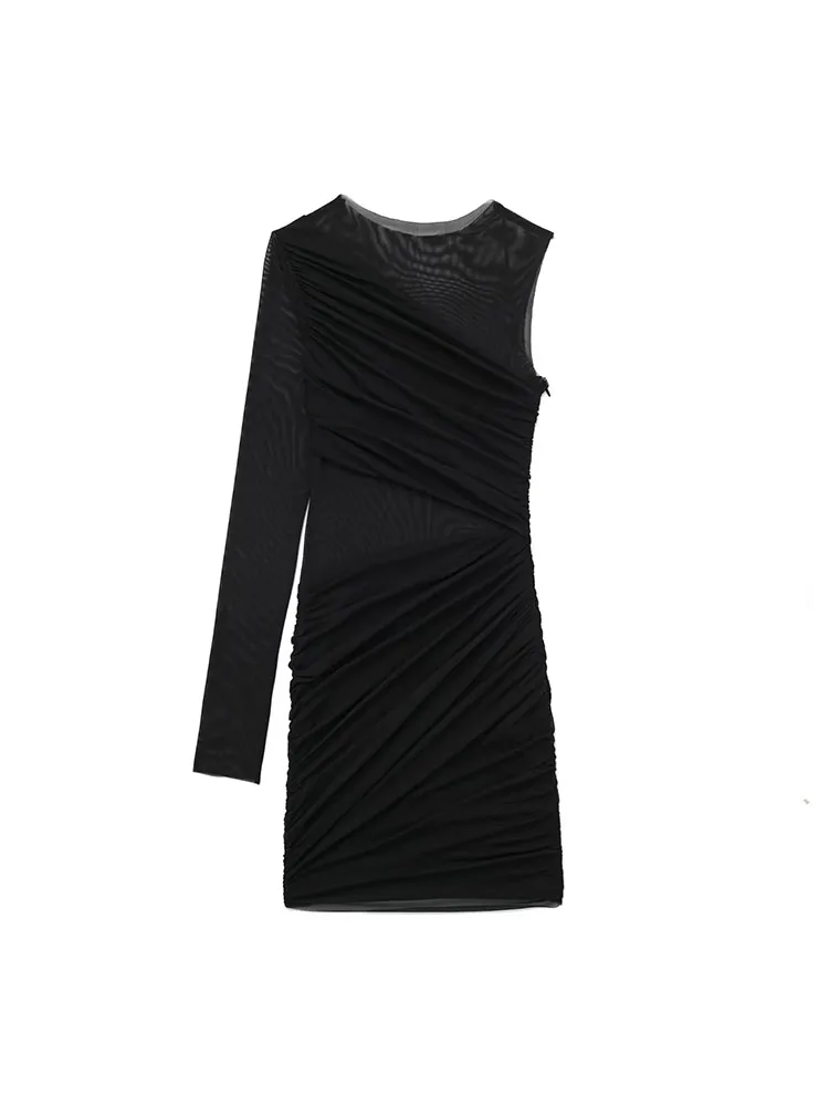 ZADATA new women's casual versatile personality asymmetric black pleated slim long-sleeved elegant party dress 
ZADATA new women's casual versatile personality asymmetric black pleated slim long-sleeved elegant party dress