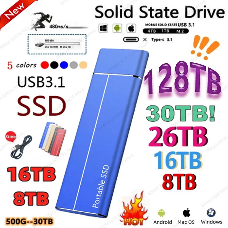 2023 Original 128TB 64TB SSD Portable External Solid State 32TB 16TB Hard Drive USB3.1 Interface Mobile Hard Drive for Laptop
2023 Original 128TB 64TB SSD Portable External Solid State 32TB 16TB Hard Drive USB3.1 Interface Mobile Hard Drive for Laptop