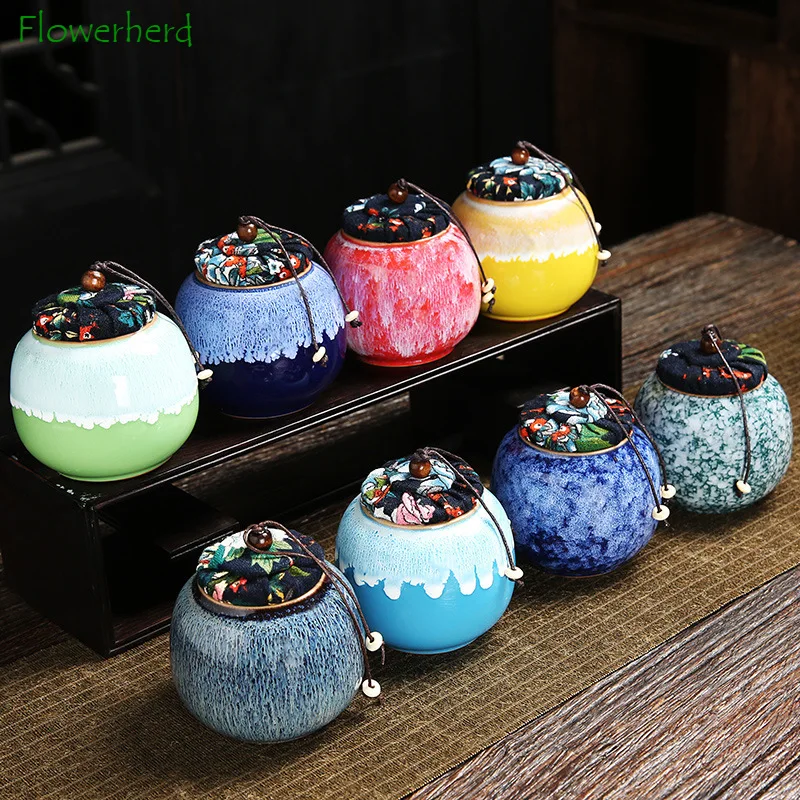 

Small Ceramic Color Glaze Tea Caddy Teaware Porcelain Tea Container Tea Storage Sealed Pot Portable Household Tea Organizer