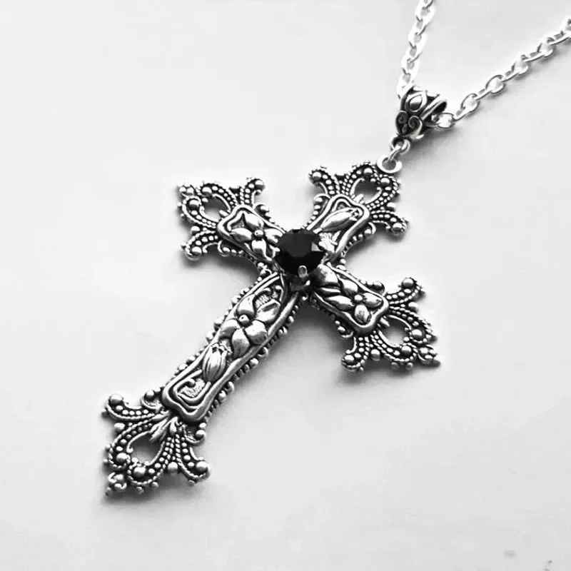 

Detailed Cross Black Drill Jewel Necklace Silver Color Tone Pendant Goth Punk Jewellery Fashion Charm Statement Women Gift