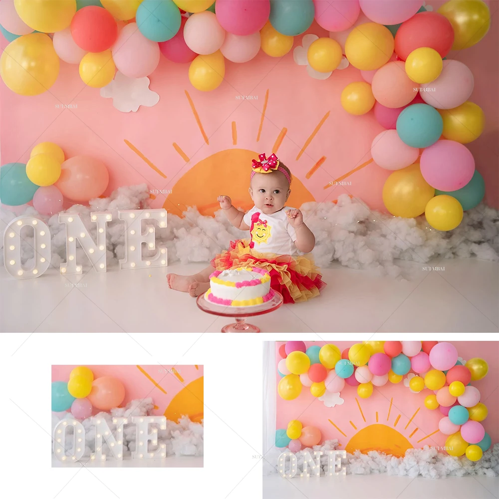 

1st Birthday Cake Smash Newborn Photography Backdrop Photo Studio Colorful Balloons Cloud Sun Baby Portrait Background Photocall