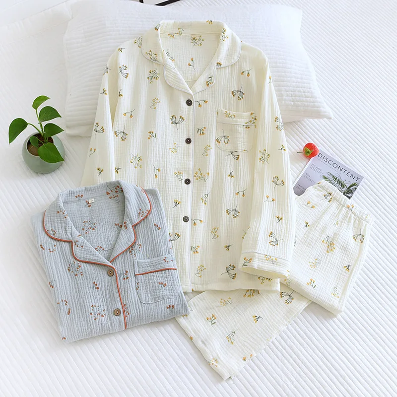 

2022 Japanese New Style Ladies Pajamas Two-piece Long Sleeve Trousers Cactus 100% Cotton Crepe Simple and Comfortable Homewear