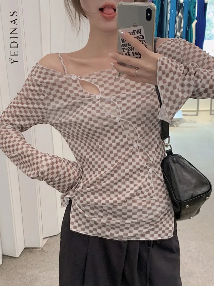 Yedinas футболка в клетку Y2k уличная одежда с длинным рукавом асимметричные сексуальные топы из двух частей Тонкая ажурная футболка Женская Осенняя Корейская
Yedinas футболка в клетку Y2k уличная одежда с длинным рукавом асимметричные сексуальные топы из двух частей Тонкая ажурная футболка Женская Осенняя Корейская