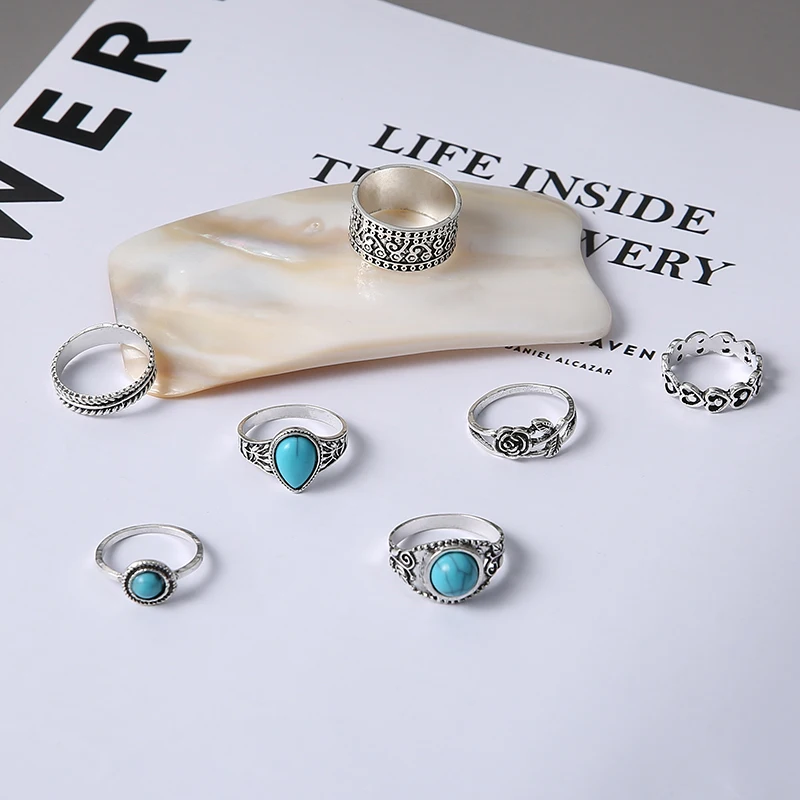 Women 7 Pcs Boho Gem Stone Ring Set Girl Bohemian Knuckle Rose Flower Vintage Silver Colour Joint Turquoise Rings 2022 Jewelry
Women 7 Pcs Boho Gem Stone Ring Set Girl Bohemian Knuckle Rose Flower Vintage Silver Colour Joint Turquoise Rings 2022 Jewelry