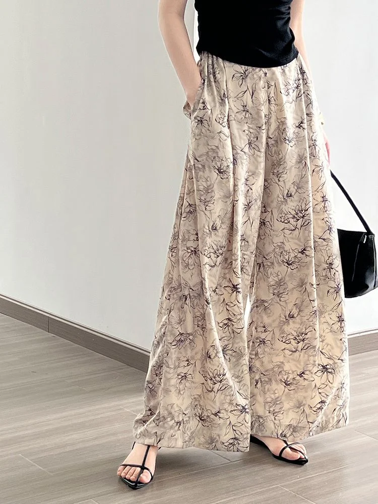 

Hikigawa Vintage Print High Waist Women Pants Chic Fashion Harajuku All Match Wide Leg Trousers Casual Loose Pantalones