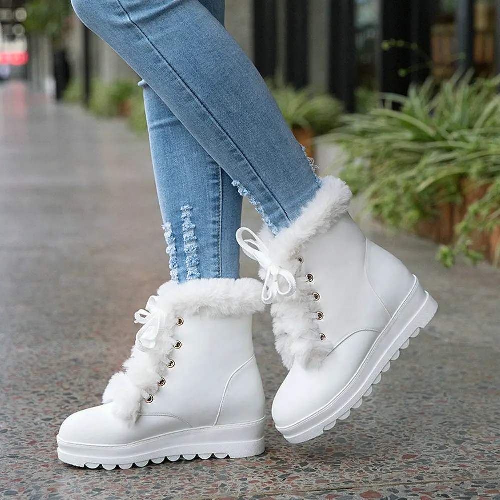 

6cm Winter Snow Boots Women Ski Boots Fluffy Hairy Lace Up Middle Calf Platform Flat With White Ski Boots