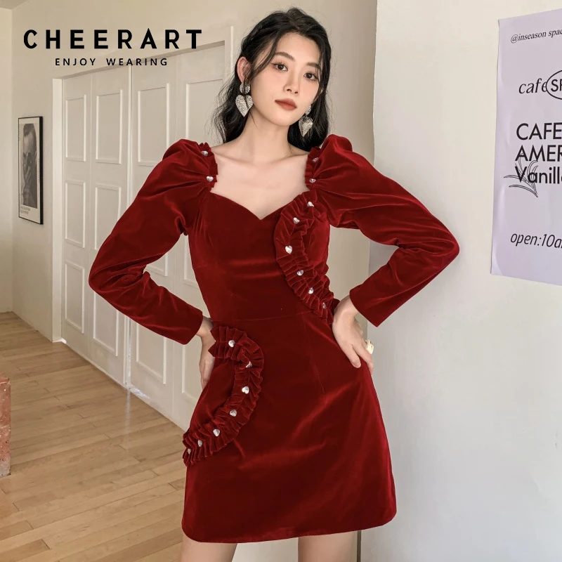 CHEERART Red Velvet Puff Sleeve Backless Bodycon Elegant Dress Women Evening Winter Square Neck Rhinestone Mini Dress Clothing
CHEERART Red Velvet Puff Sleeve Backless Bodycon Elegant Dress Women Evening Winter Square Neck Rhinestone Mini Dress Clothing