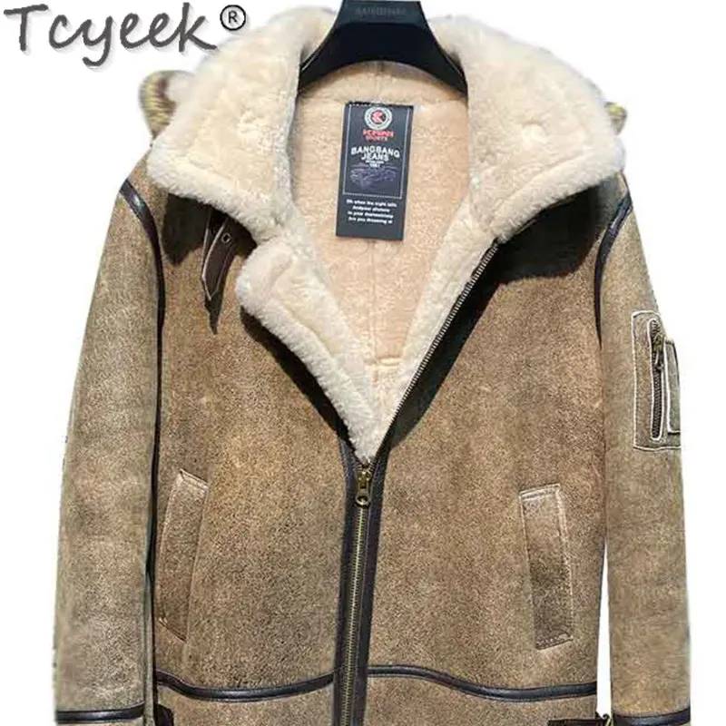 

Tcyeek Natural Sheepskin Fur Coat Men Genuine Leather Jacket Warm Real Fur Coats Hooded Casual Raccoon Fur Collar Chaquetas SGG