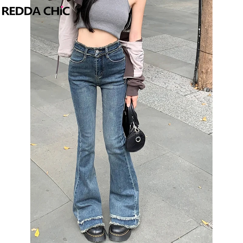 

REDDACHiC High-waist Flared Jeans for Women Bootcut Raw Hem Denim Trousers Slim Fit Casual Pants Autumn New In Vintage Clothes