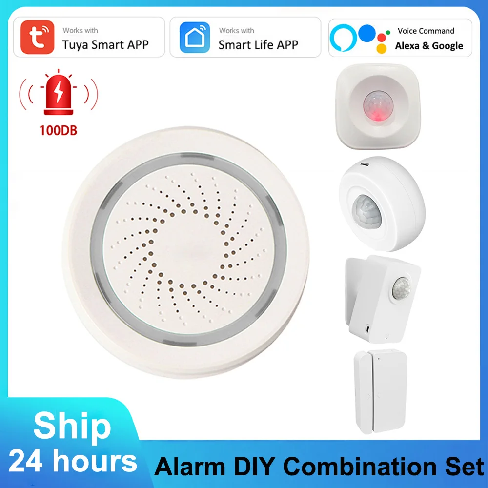 

Tuya DIY Alarm Security System Kit Wireless PIR Motion Movement Door Window Contact Sensor Detector Works with 100DB WiFi Siren