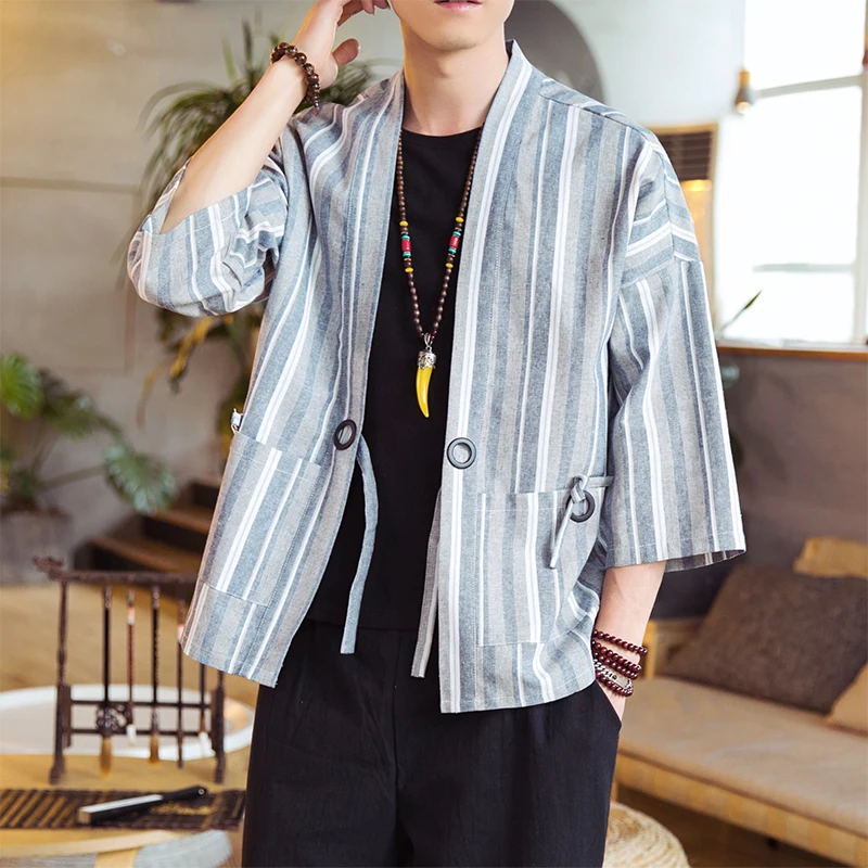 Chinese Style Cotton and Linen Striped Three-quarter Sleeve Men's Cardigan Hanfu Tang Shirt Loose Casual Dress Retro Jacket
Chinese Style Cotton and Linen Striped Three-quarter Sleeve Men's Cardigan Hanfu Tang Shirt Loose Casual Dress Retro Jacket