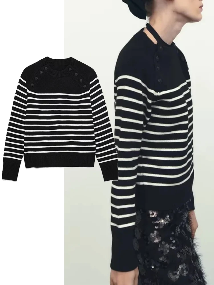 TRAF Women Fashion Striped Print Knitted Sweater Pullover Female Long Sleeve Chic Button Autumn Causal Lady Pullovers
TRAF Women Fashion Striped Print Knitted Sweater Pullover Female Long Sleeve Chic Button Autumn Causal Lady Pullovers