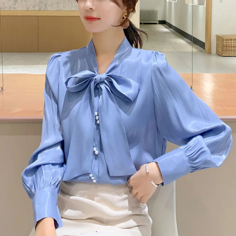 Elegant Bow Beading Satin Blouse Women's Clothing 2022 Spring Autumn Office Lady Commuter Loose Button Shirts Female
Elegant Bow Beading Satin Blouse Women's Clothing 2022 Spring Autumn Office Lady Commuter Loose Button Shirts Female