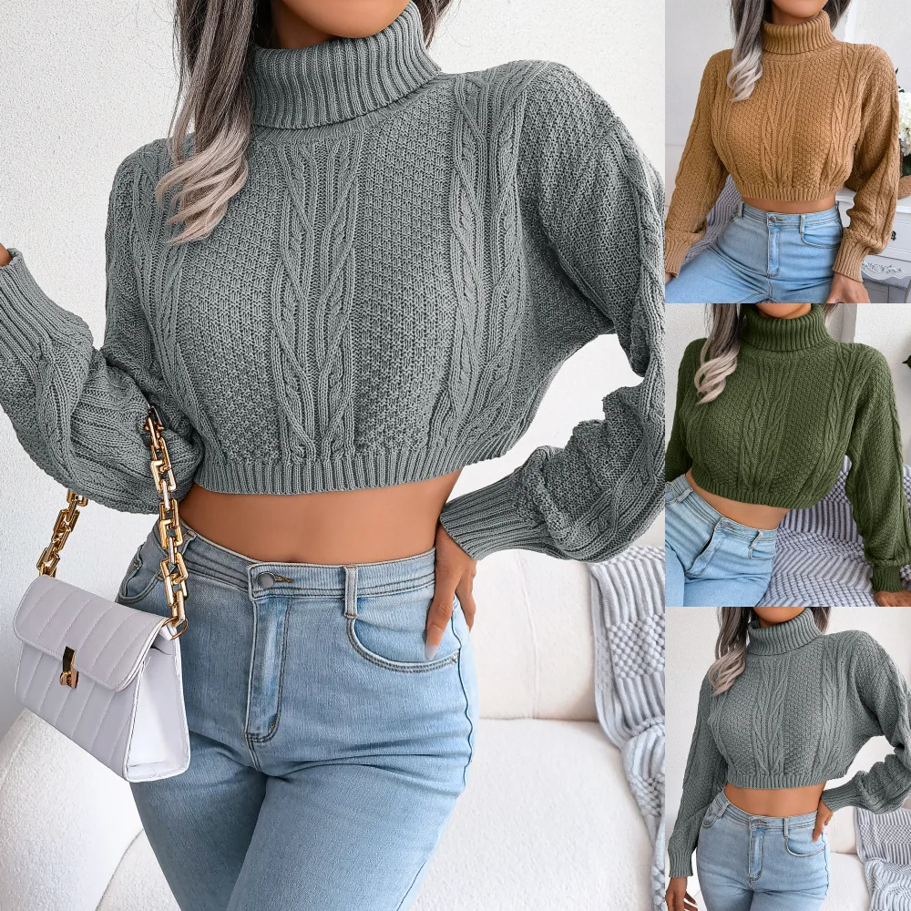 

Real shot autumn and winter leisure Fried Dough Twists long sleeve high collar exposed navel knitted sweater women's wear