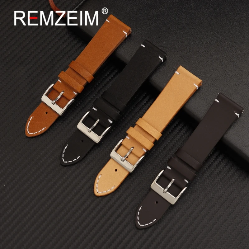 

REMZEIM Hot Sale Quick Release Leather Watch Straps 16mm 18mm 20mm 22mm 24mm Watchbands Calfskin Leather Bracelet Soild Buckle