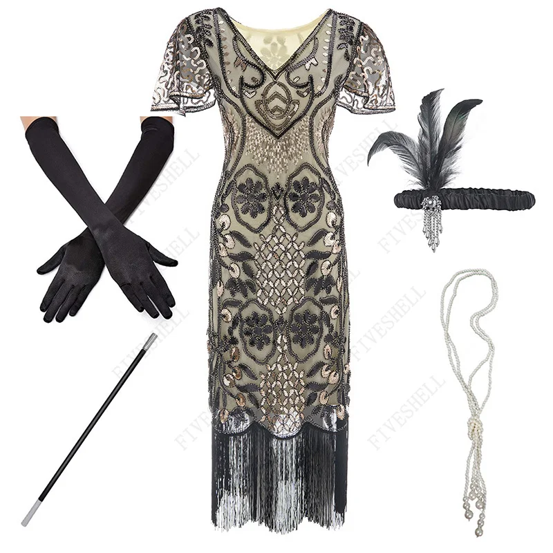 

Plus Size 1920s Flapper Roaring 20s Great Gatsby Fringed Sequin Beaded Dress and Embellished Art Deco Dress Accessories Vestidos