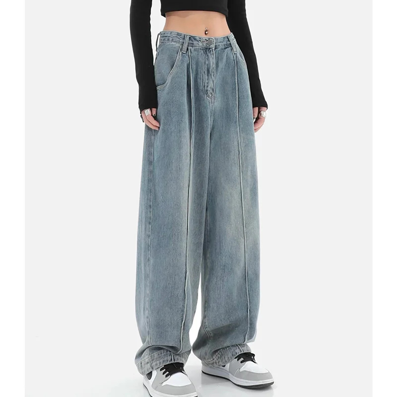 Blue Color Women Jeans High Waist Vintage Straight Baggy Denim Streetwear American Style Folds Fashion Wide Leg Denim Trouser
Blue Color Women Jeans High Waist Vintage Straight Baggy Denim Streetwear American Style Folds Fashion Wide Leg Denim Trouser
