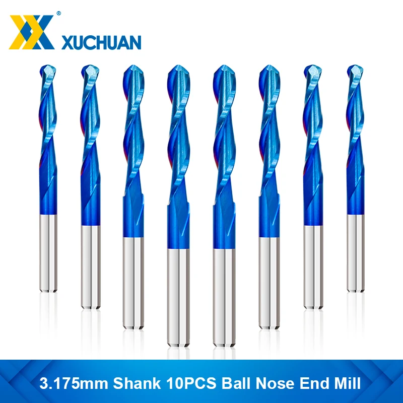 10pcs Ball Nose End Mill 3.175 Shank Router Bit 0.8-2.5mm Diameter Nano Blue Coating Spiral Milling Cutter CNC Tools
10pcs Ball Nose End Mill 3.175 Shank Router Bit 0.8-2.5mm Diameter Nano Blue Coating Spiral Milling Cutter CNC Tools