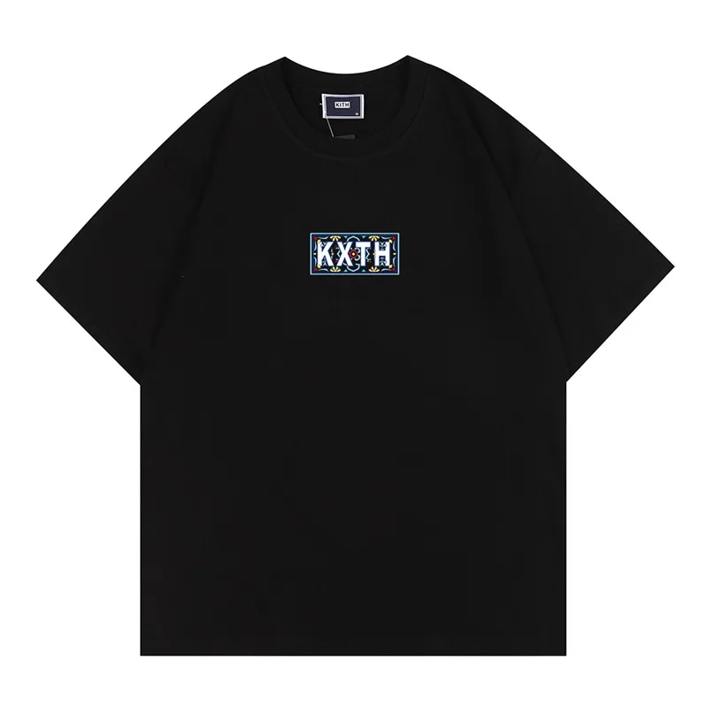 

American Fashion Brand KITH Moroccan Tile Box Tee Moroccan Blue Paisley Totem Short Sleeve T-shirt Cotton Graphic T Shirts