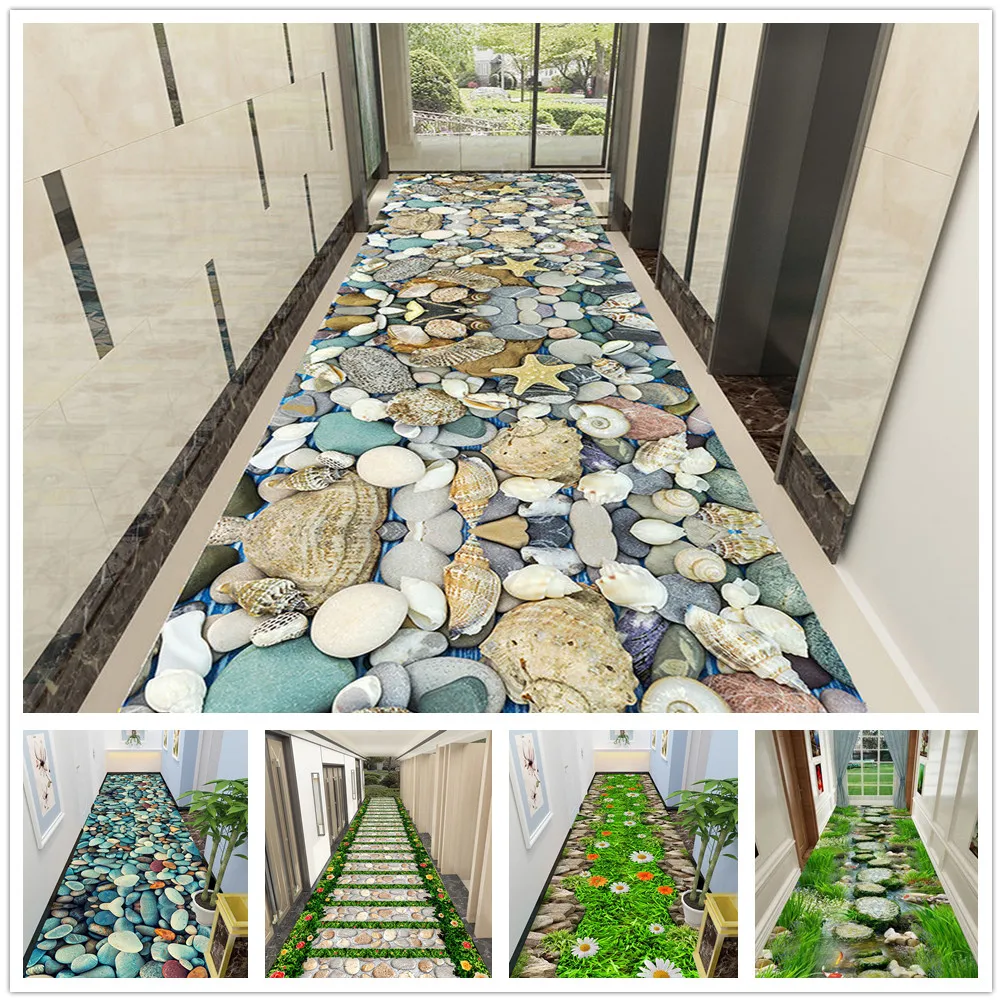 

Cobblestone Living Room Rug 3D Carpet Long Hall Corridor Mat Green Lawn Kids Bedroom Kitchen Area Rug Anti-skid Entrance Doormat