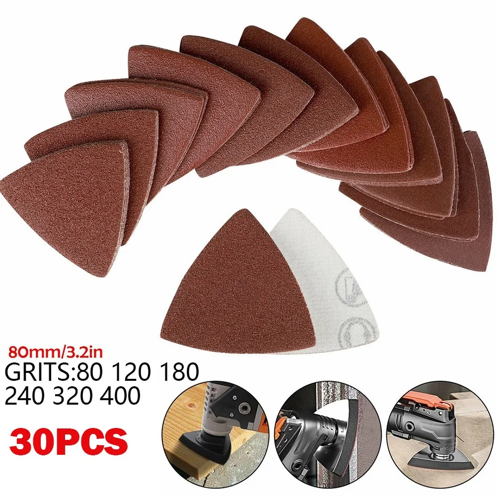 

30pcs Hook&Loop Triangle Sandpaper Sanding Discs 80mm For 3.2in Oscillating Multi Tool 80 120 180 240 320 400 Grit Abrasive