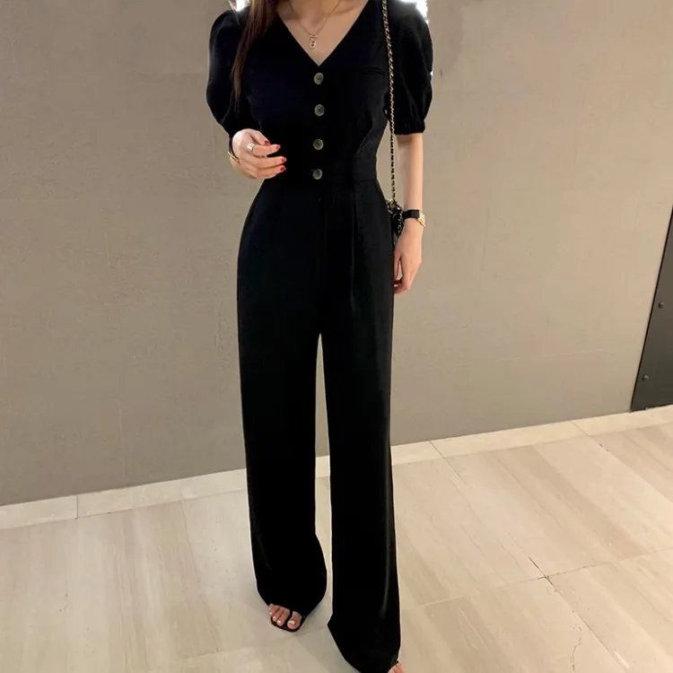 Korea Chic Temperament Women Short Sleeve Office OL Jumpsuit Summer Elegant V-Neck Single-Breasted Wide-leg Rompers Overalls
Korea Chic Temperament Women Short Sleeve Office OL Jumpsuit Summer Elegant V-Neck Single-Breasted Wide-leg Rompers Overalls