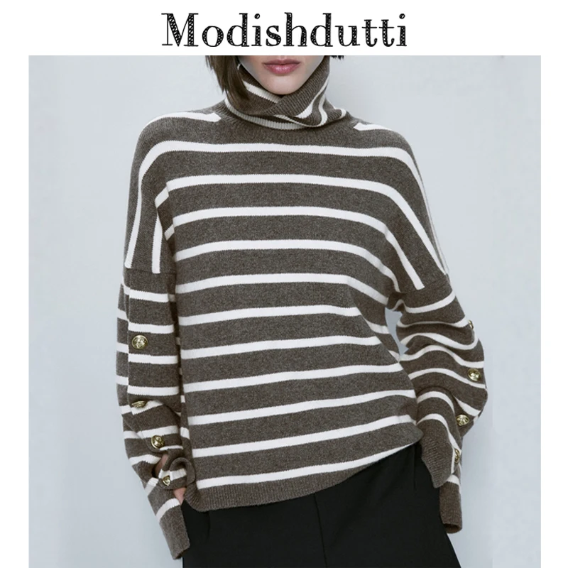 

Modishdutti 2023 High Quality Women Fashion Chic Button Striped Knitted Pullovers Sweater Female Casual Turtleneck Tops Ladies