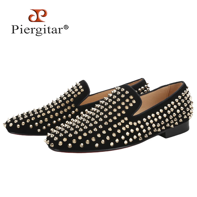 

Piergitar Black And Navy Colors Suede With Handmade Gold Spikes Men's Loafers Italian Luxury Brand CL Same Style Red Sole Shoes
