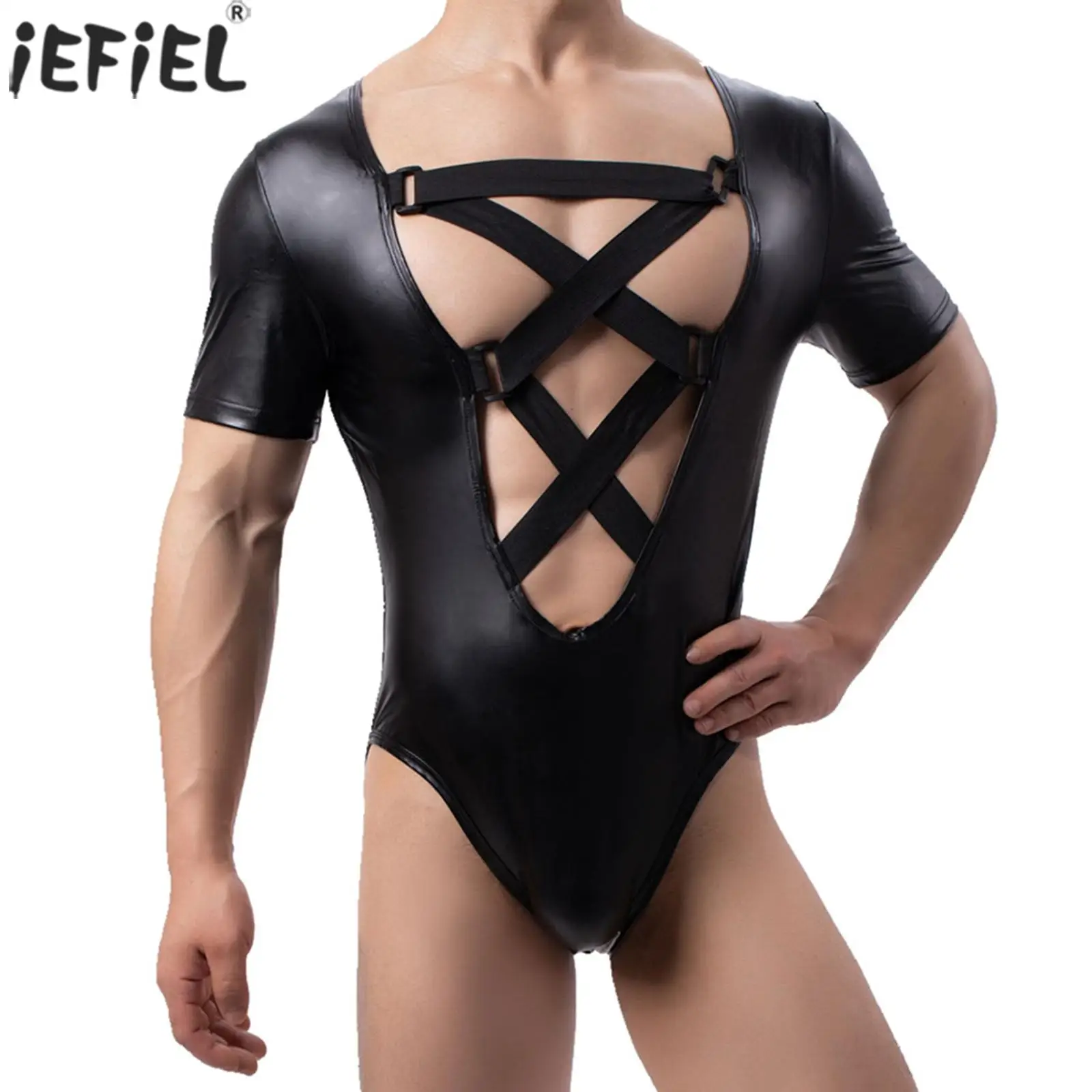Mens Sexy Bodysuit Crisscross Strappy Plunging Neckline Bodysuit Short Sleeve Faux Leather Leotard Patchwork Jumpsuit
Mens Sexy Bodysuit Crisscross Strappy Plunging Neckline Bodysuit Short Sleeve Faux Leather Leotard Patchwork Jumpsuit