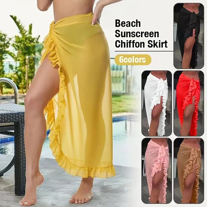 

Женское шифоновое прозрачное пляжное бикини, накидка на шарф, одежда для плавания, парео, саронг, однотонное повседневное пляжное платье с оборками
