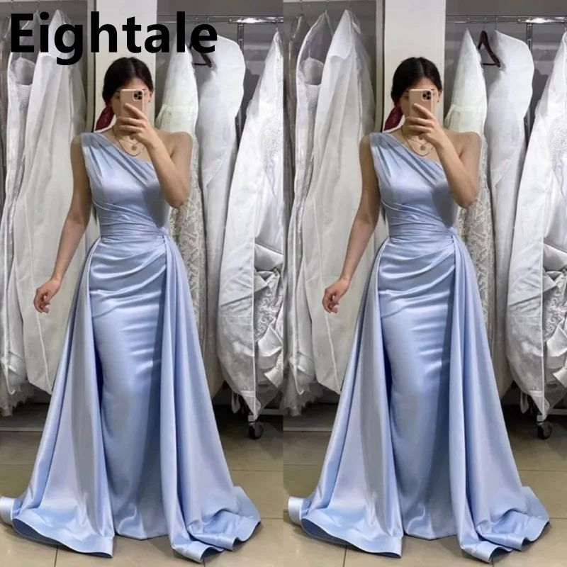 

Eightale 2023 Sky Blue Mermaid Evening Dress With Overskirt One Shoulder Party Dress Satin Celebrity Prom Gowns Vestido de Noche