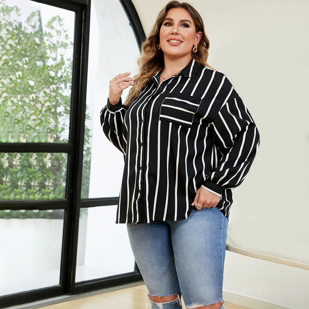 Plus Size Women Shirt Stripe Long Sleeve Button Blouse Spring Fall Casual Tops Loose Fall / Winter Lapel Stripe Shirt XL-4XL
Plus Size Women Shirt Stripe Long Sleeve Button Blouse Spring Fall Casual Tops Loose Fall / Winter Lapel Stripe Shirt XL-4XL