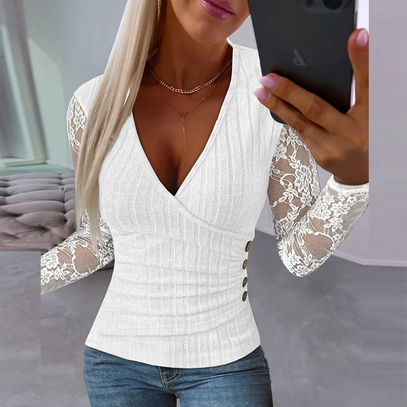 

Sexy Deep V-neck Hollow Women T-shirts Spring Spliced Embroidery Lace Sleeve Office Tees Autumn Solid Rib Buttoned Tops Pullover